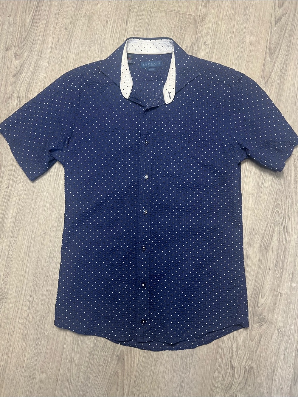 Men's Navy Short-Sleeve Button-Down with Micro Dot Print